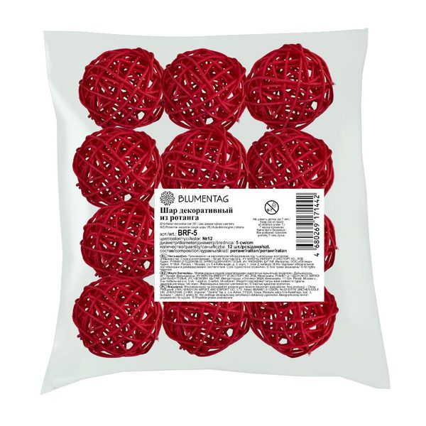 Шары декоративные из ротанга 5 см, 12 шт, №12 красный, Blumentag BRF-5