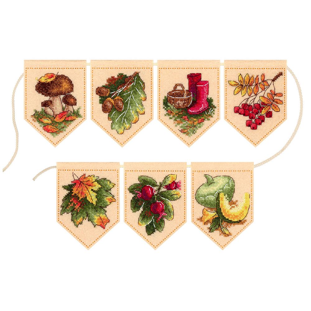 Набор для вышивания нитками МП Студия, на фетре Осенняя гирлянда бежевая (7 флажков) 10х7см