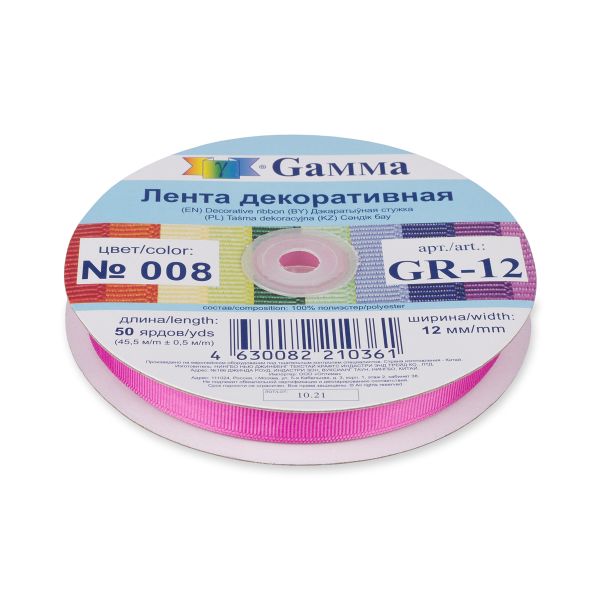 Лента репсовая (в рубчик) 12.0 мм / 45.5 метров, 008 садовая роза, Gamma GR-12
