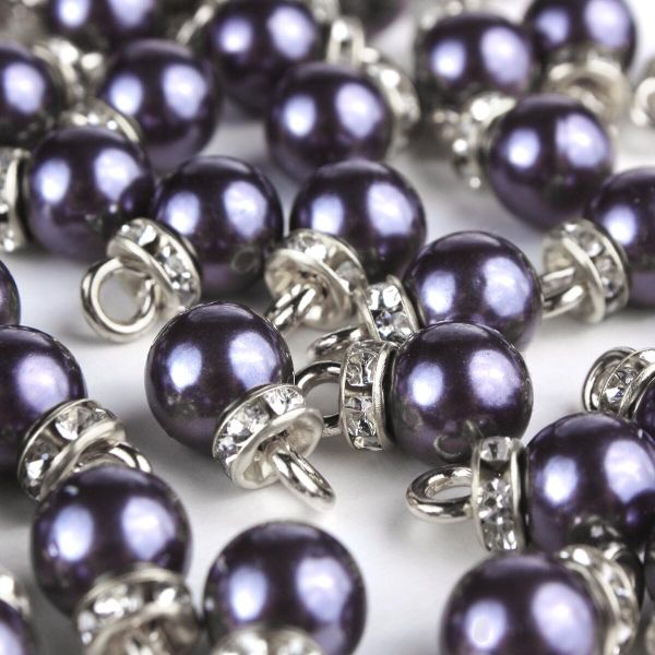 Пуговицы на ножке Жемчужина со стразами 8мм (черный/серебро), 50 шт