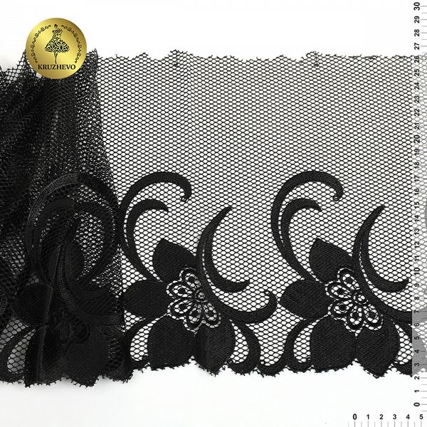 Кружево на сетке (вышитое) арт.T101 245мм цв.черный уп.6м, Kruzhevo
