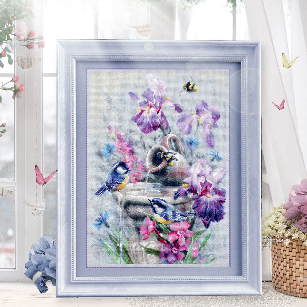 Набор для вышивания нитками Чудесная игла 101-751, Синицы у фонтана, 28х38 см