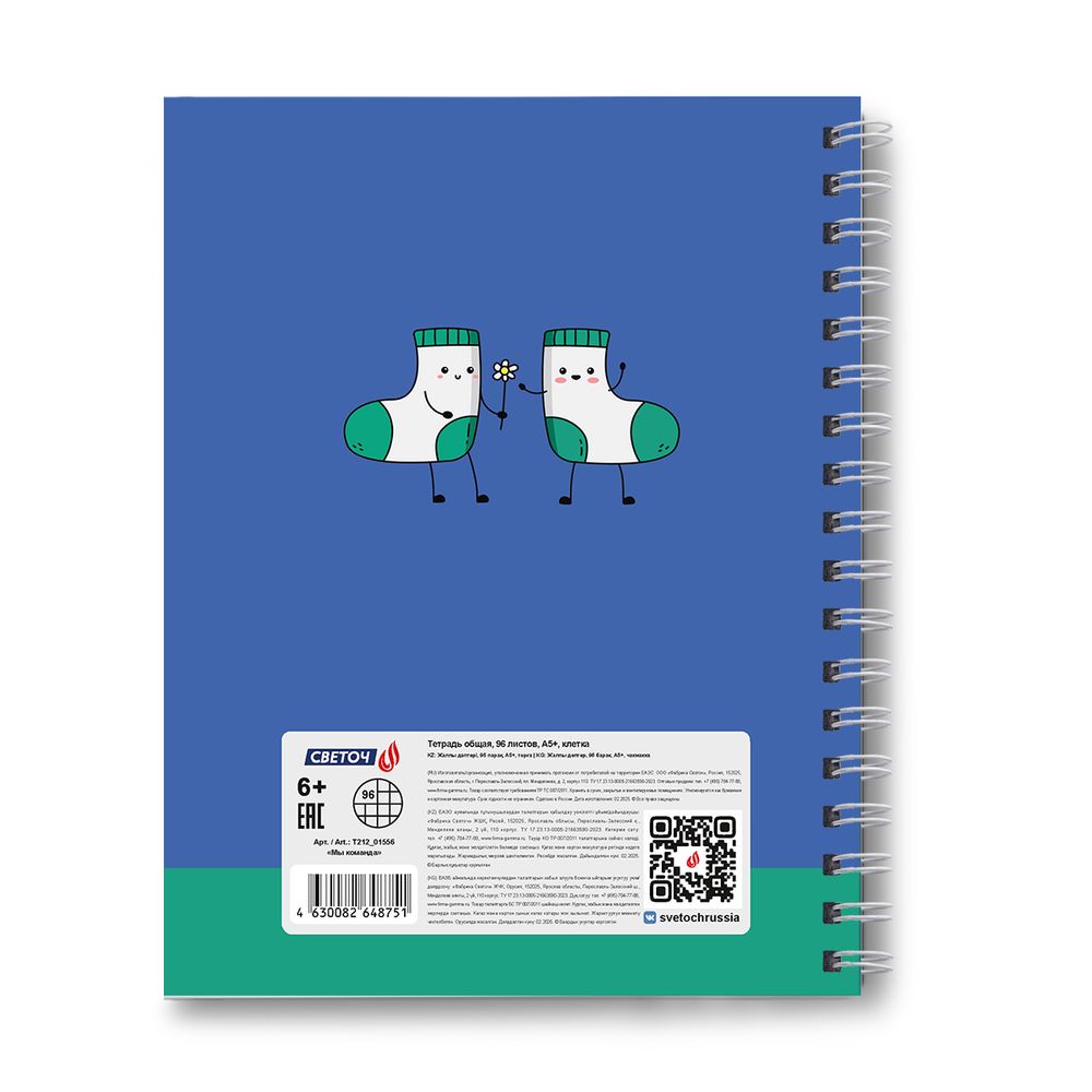 Тетрадь общая с твердой обложкой, глянцевая ламинация A5 96 л. на гребне 65 г/м², белизна 100% 4 шт клетка, 01556 Мы команда, Светоч Т212