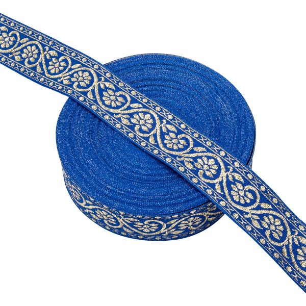 Лента (тесьма) жаккардовая 32.0 мм / 25±1 метров, с метанитом рис. 9819, синий/золото, С3104Г17