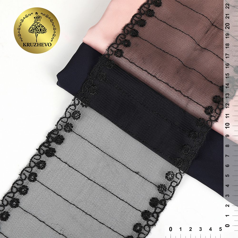Кружево на сетке широкое 130 мм, диз. 202, цв.черный уп. 13.71 м, Kruzhevo