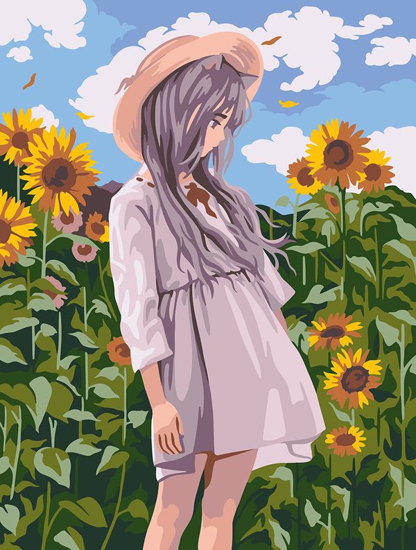Картина по номерам Фрея, Аниме-девочка в подсолнухах, 40х30 см