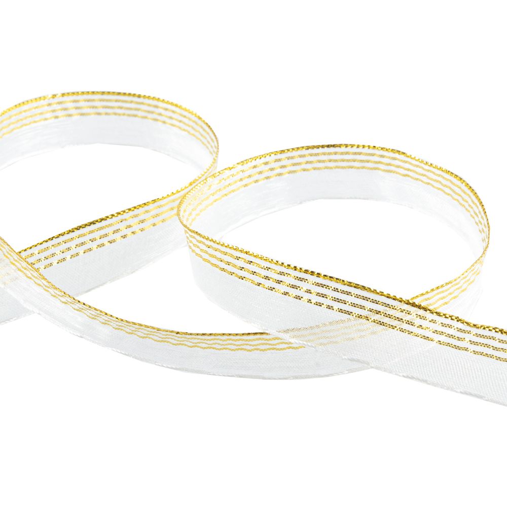 Лента капроновая (органза) 15.0 мм / 25 метров, 001 белый/золото, Blitz ORT-15