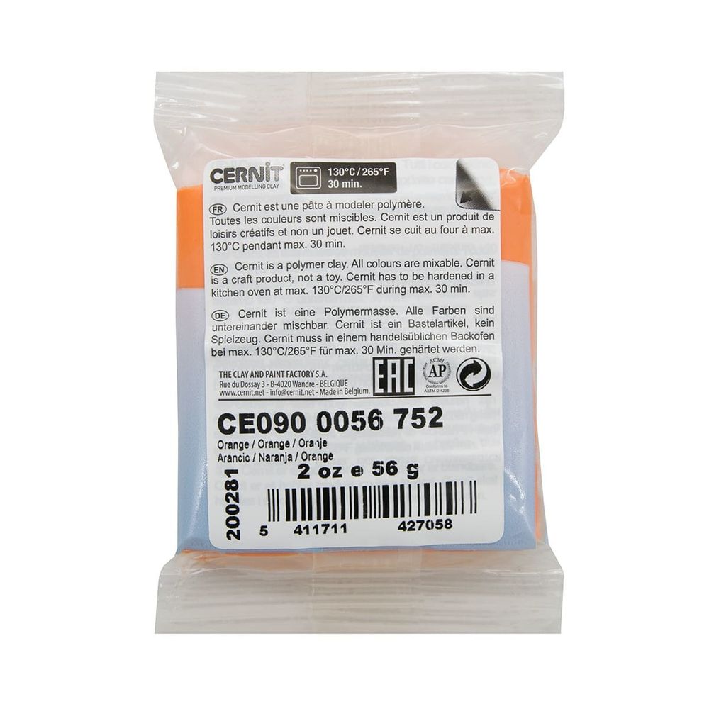 Полимерная глина Cernit №1 запекаемая, классическая 250гр, 752 оранжевый