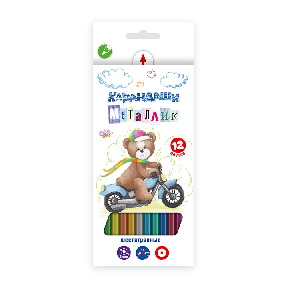 Карандаш (набор) металлик, заточенный 8х12 цв, Мишка MCP-9012