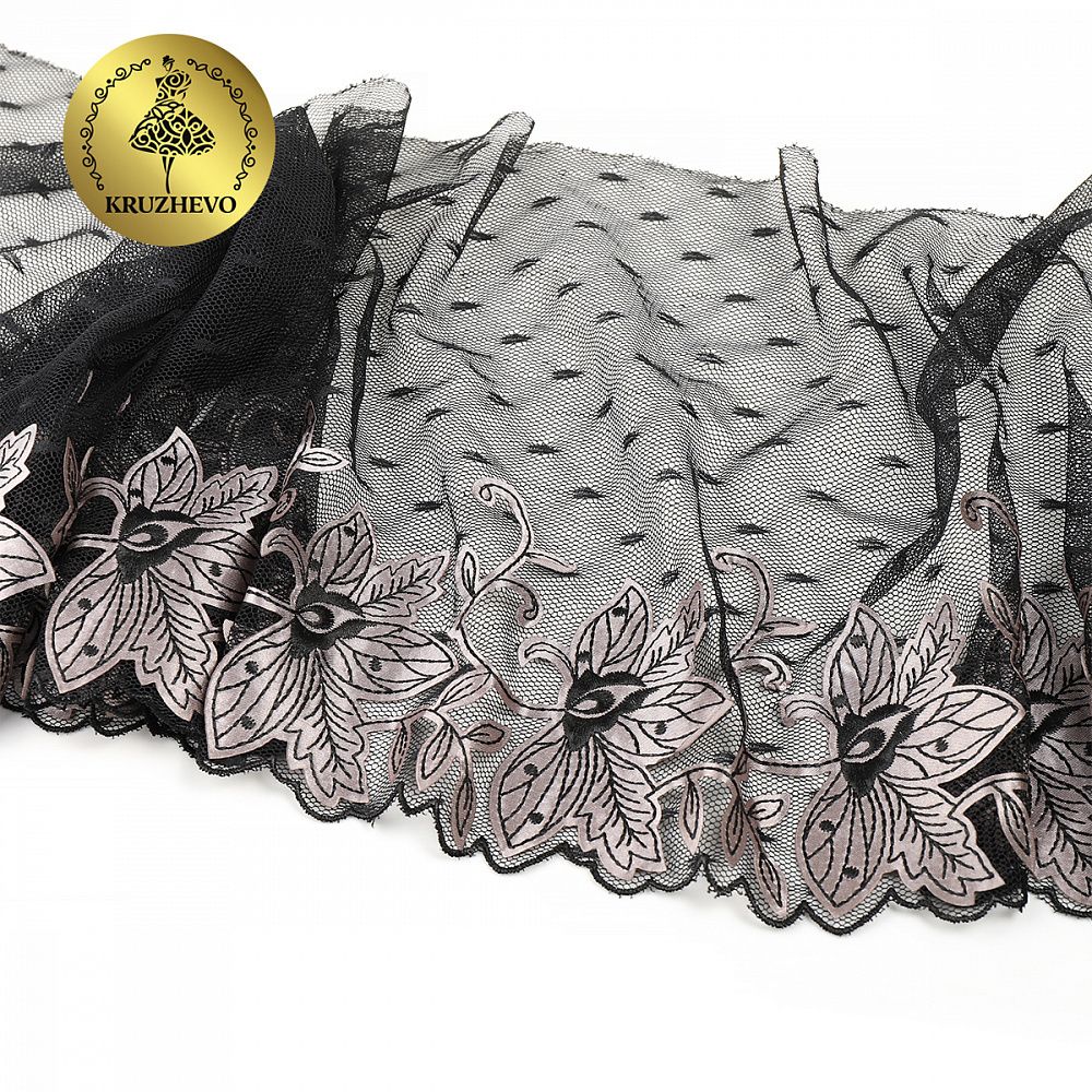 Кружево на сетке широкое 205 мм, диз.OG43, цв.черный, левая, 6м, Kruzhevo