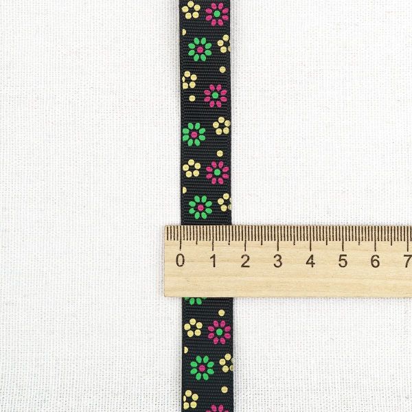 Лента репсовая (в рубчик) с принтом 15.0 мм / 45.72 метра, Цветочки мелкие 2, 15151 черный