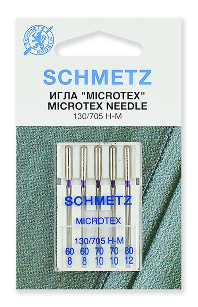Иглы для швейных машин микротекс (особо острые) Schmetz 130/705H-M №60 (2),70 (2),80, уп. 5 игл