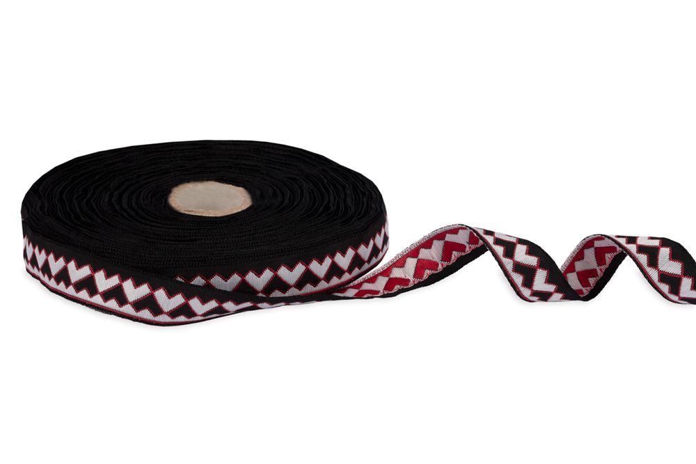 Лента (тесьма) жаккардовая 18.0 мм / 25±1 метров, Орнамент для северных народов, рис 7052 черный-белый-красный, Gamma С3771