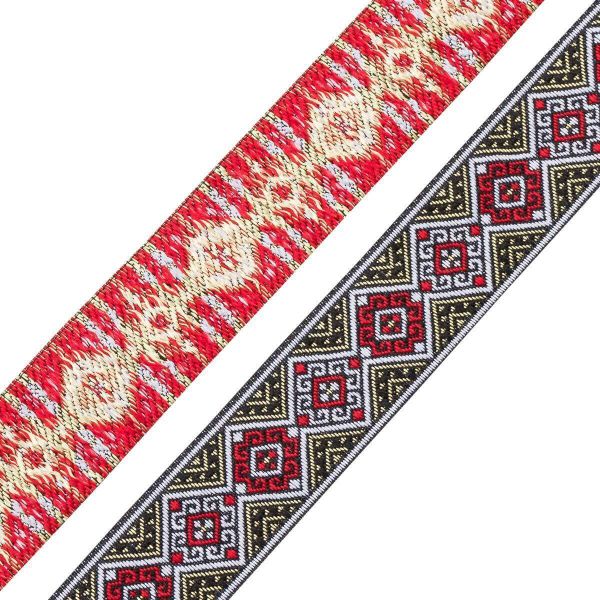 Лента (тесьма) жаккардовая 35.0 мм / 7 метров, золото/красный, 4101-1