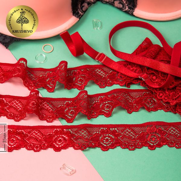 Кружево эластичное (стрейч) 35 мм, 918, цв.13 красный, уп. 50 м, Kruzhevo
