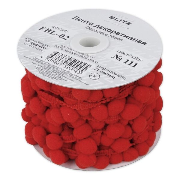 Тесьма декоративная 21 мм, FBL-02, 9.1 м, 111 красный, Blitz
