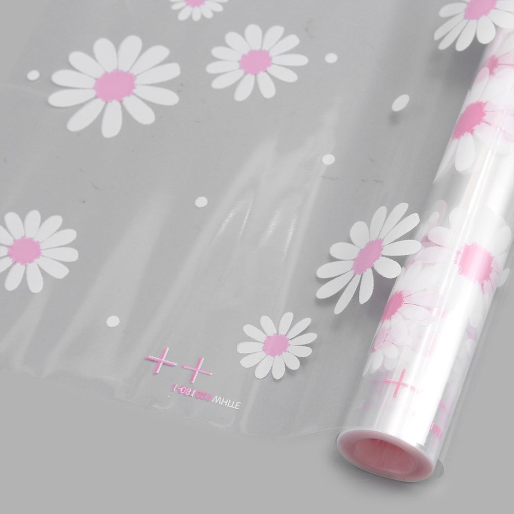 Пленка прозрачная двухцветная с рисунком Ромашка бело-розовая 70см / 9,14м ± 5%