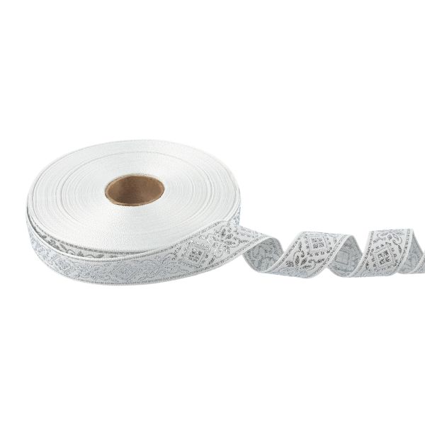 Лента (тесьма) жаккардовая 23.0-25.0 мм, / 25 метров, белый/под серебро, Blitz