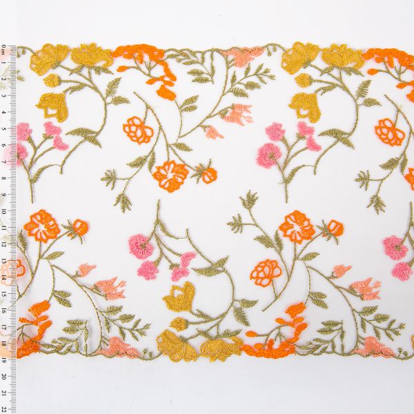 Кружево на сетке широкое 180 мм / 14 м, ±1 Турция, коралловый, Gamma GCKM-180-07