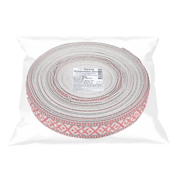 Лента (тесьма) жаккардовая 38.0 мм / 25±1 метров, для пояса, рис 9860 лен/красный №5, Gamma С3822