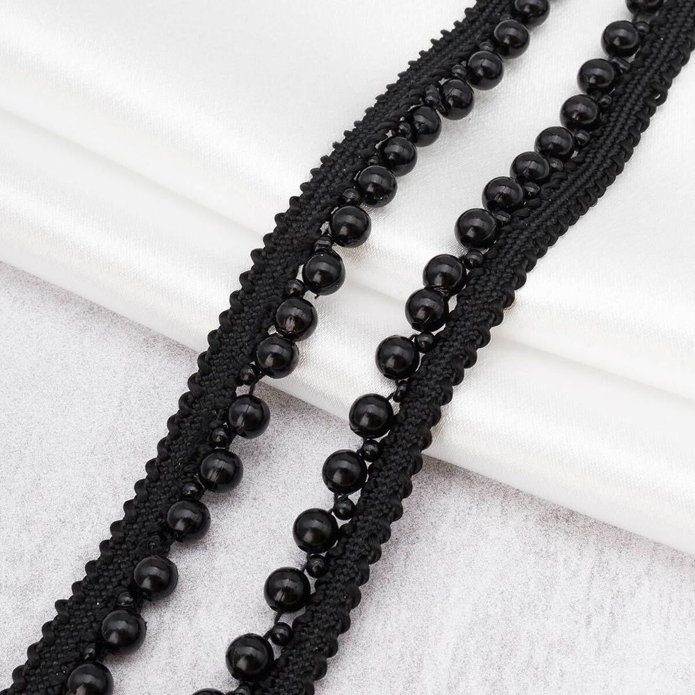 Кант декоративный с бусинами жемчуг и бисером 14 мм / 9.14 метра, черный, 3Al296