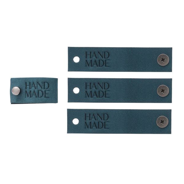 Кожаные бирки с тиснением на кнопке Hand Made 17х70 мм, 4 шт, синий