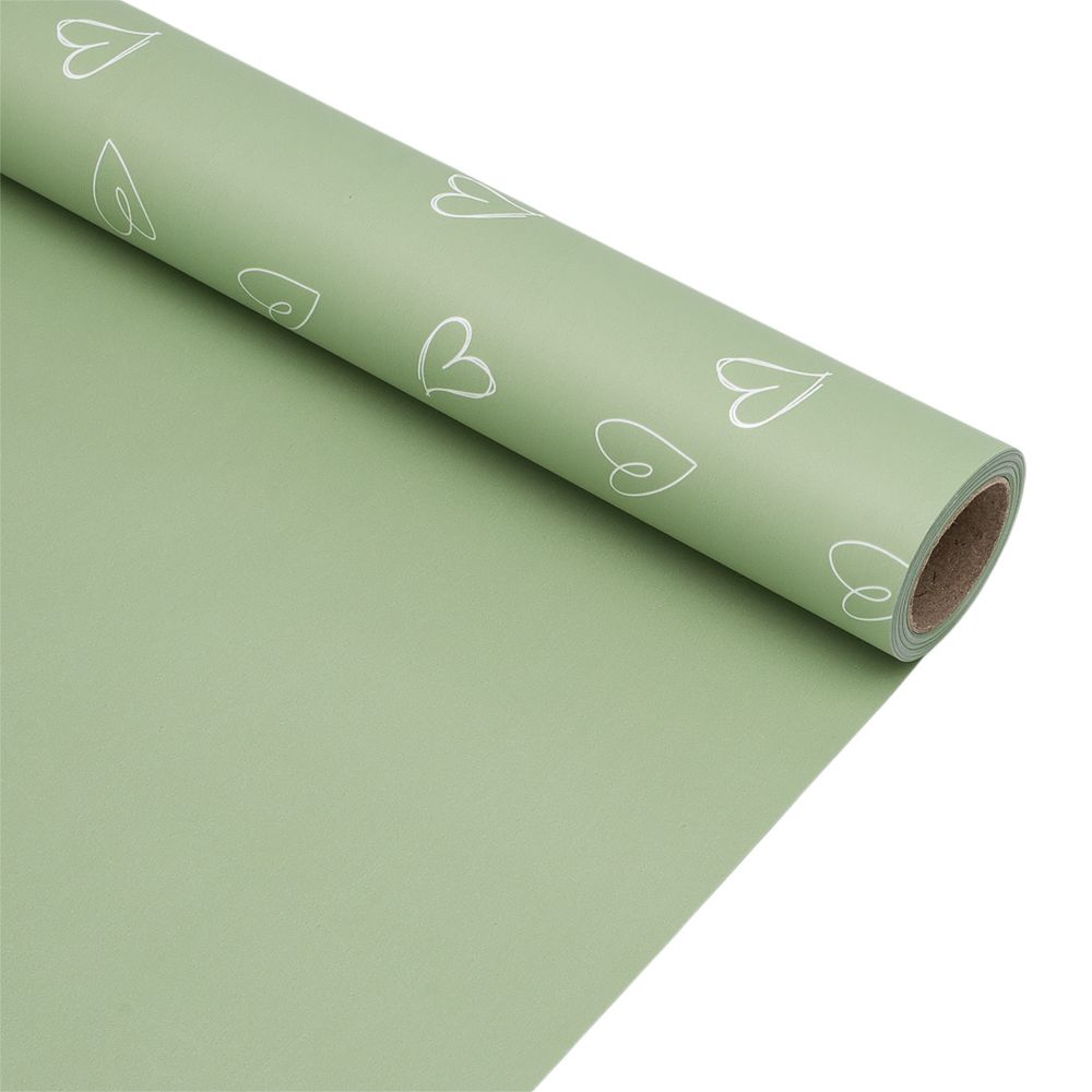 Пленка упаковочная для цветов и подарков Большие сердечки, 65 мкр, 58см / 10м ± 5% (VH2555 травяной с сердечками)