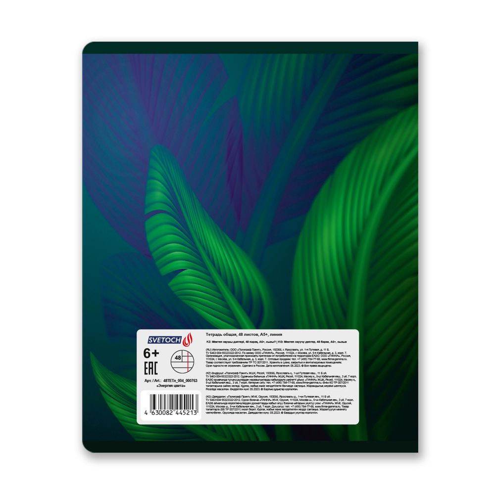 Тетрадь ученическая общая, глянцевая ламинация, A5+ 48 л. на скобе 65 г/м², белизна 100%, 10 шт, линия в термоусадочной пленке, 000763 Энергия цвета, Светоч 48ТЕТл-004
