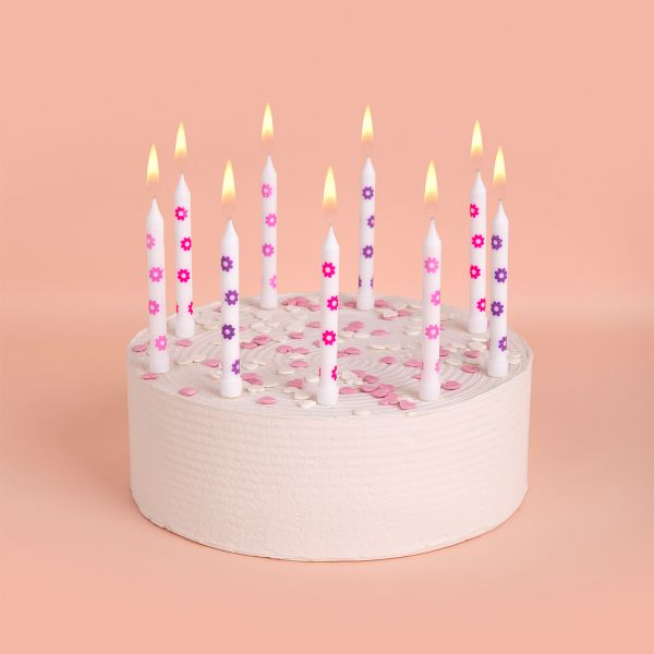 Набор свечей для торта 39 г 0.8 см, 12х12 шт, 03_белые в цветочек_12 держателей, Boomzee BCD-35
