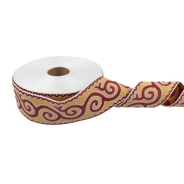 Лента (тесьма) жаккардовая 50.0 мм / 25 метров, Орнамент для северных народов, рис 9605 белый/бордовый/бежевый, Gamma С3775