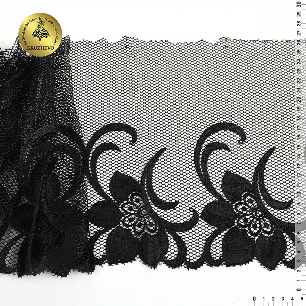 Кружево на сетке (вышитое) арт.T101 245мм цв.черный уп.6м, Kruzhevo