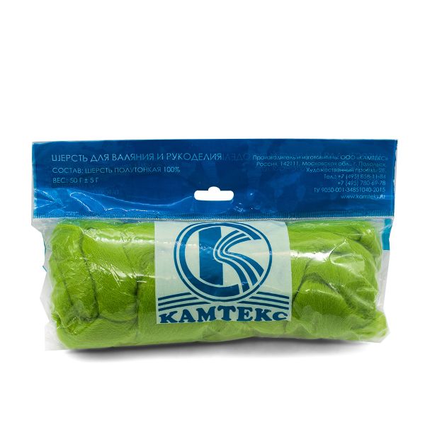 Шерсть для валяния Камтекс Лента для валяния п/тонкая 1х50 г, (25-28 мкр), 2.1 м, 045 зеленое яблоко, 614644-41