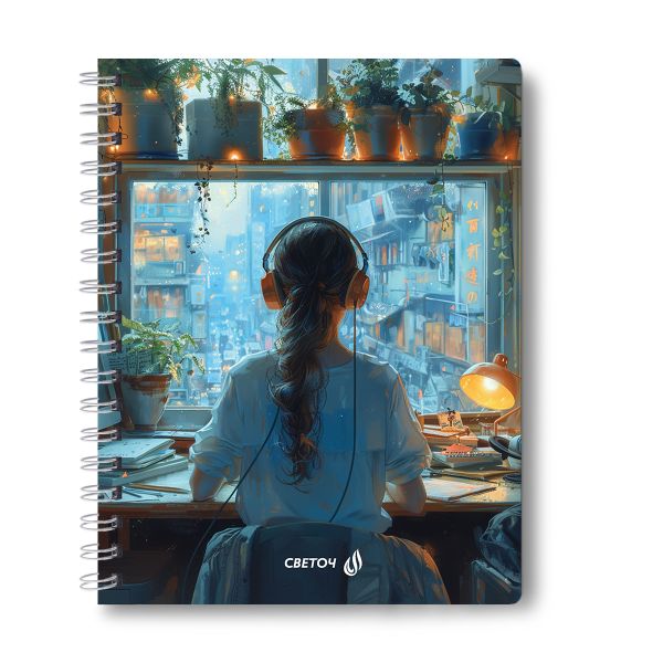 Тетрадь ученическая общая, выборочный УФ лак, A5 96 л. на гребне 65 г/м², белизна 100 %, 4 шт, клетка, 01191 Музыка дождя, Светоч Т113