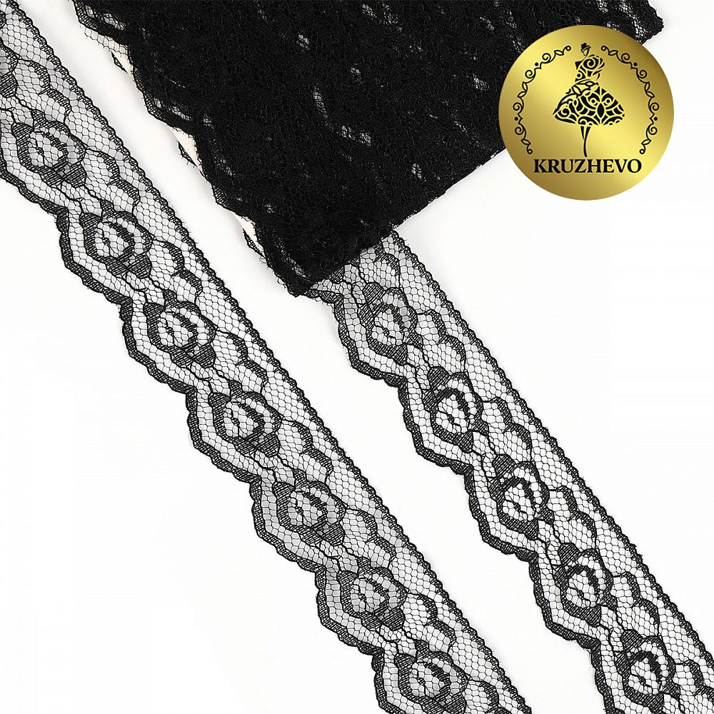 Кружево отделочное в стиле "трикотаж" 28 мм, диз. T-003 цв.черный уп.9м