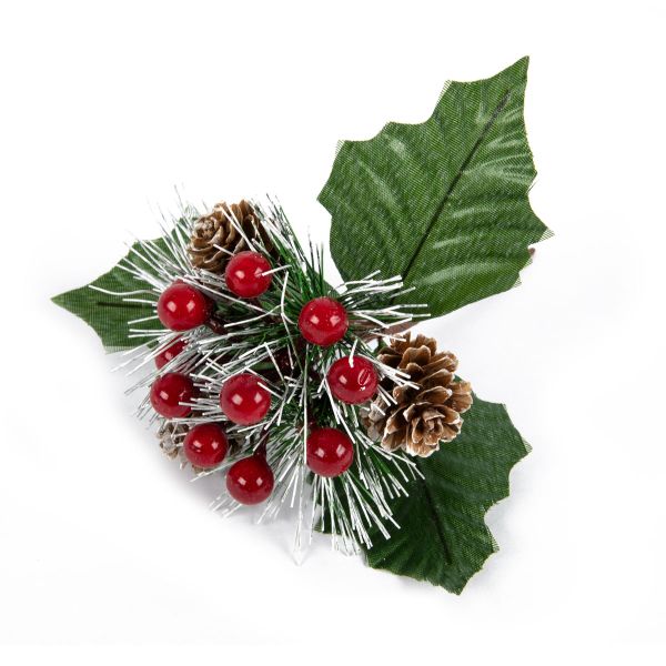 Веточка декоративная хвойная с шишками и ягодами 16 см, 3 шт, 01, Blumentag