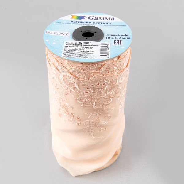 Кружево на сетке (шифон) 190 мм / 10 м, Турция, SF007BP (031) пудровый, Gamma SHKM-19002