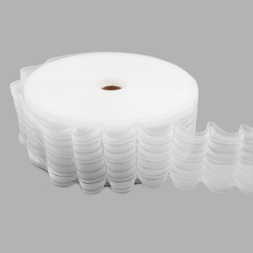 Лента (тесьма) шторная: сборка параллельная (1:1.5) 70 мм / 50 метров, (6 рядов петель, 3 шнура), C1007M прозрачный