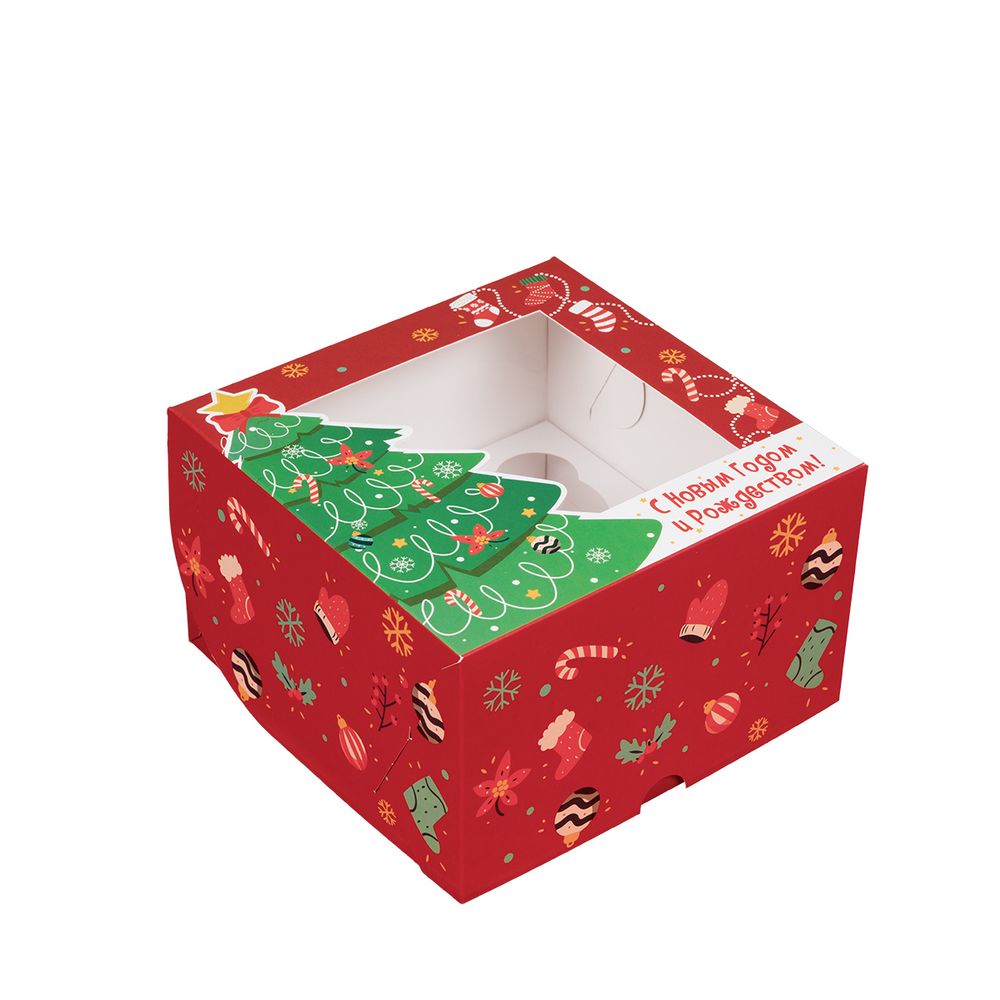Коробка под 4 капкейка 16х16х10 см, Праздничная ель, S-Chief, CBC-026
