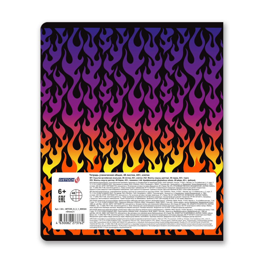 Тетрадь ученическая общая, неоновая краска, A5+ 48 л. на скобе, белизна 100%, 10 шт, клетка, 000324 Огонь!, Светоч 48ТСК5_9_3_1