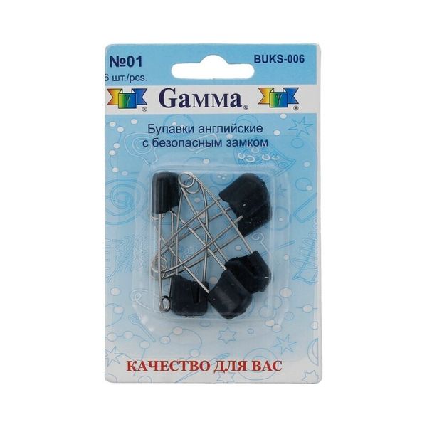 Булавки английские безопасные 40 мм, 6 шт, 01 черный, Gamma BUKS-006