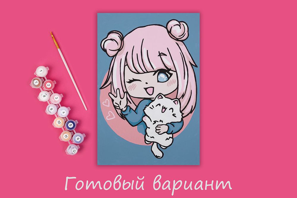 Картина по номерам Фрея, на картоне Анимешка с котиком, 20х30 см