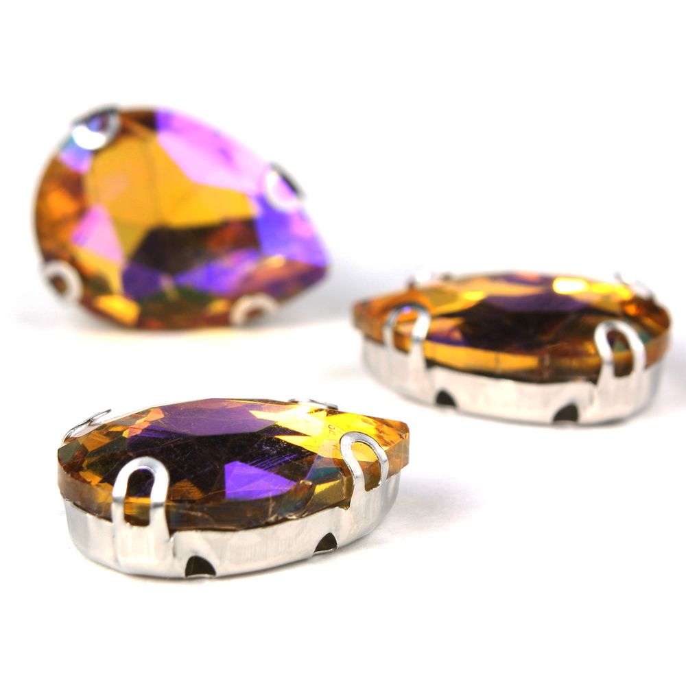 Хрустальные стразы в цапах формы капля, желтый с покрытием AB 13х18 мм, 3 шт., АЦ005НН1318