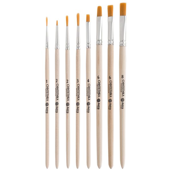 Набор кистей №9, синтетика (плоская №4, 6, 8,круглая №1, 2, 3, круглая №2 ук./в 0.5, овальная №6), 8 штук, Astra&Craft