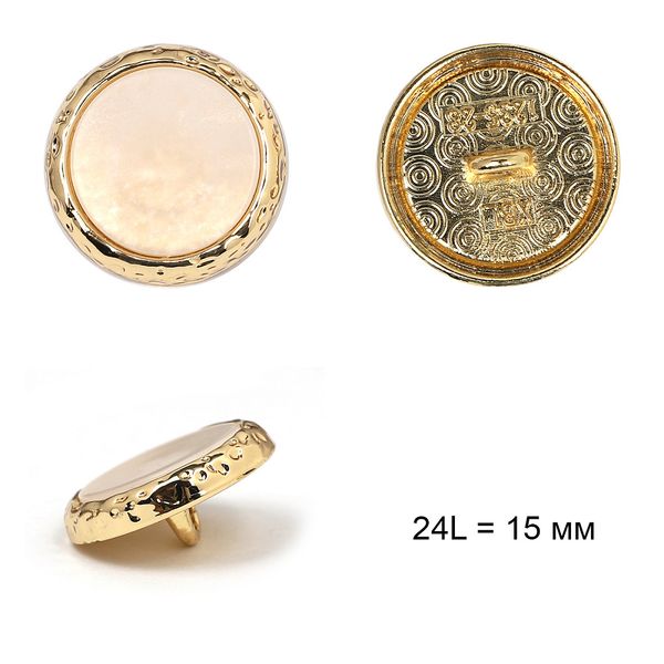 Пуговицы металл на ножке 24L = 15 мм, TBY.L-1235-1.6 цв.белый с золотом, 50 шт