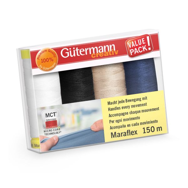 Швейные нитки (набор) Gutermann Maraflex 120, 4 катушки по 150 м, для эластичных материалов, 100% ПБТ, Col.1, 734529