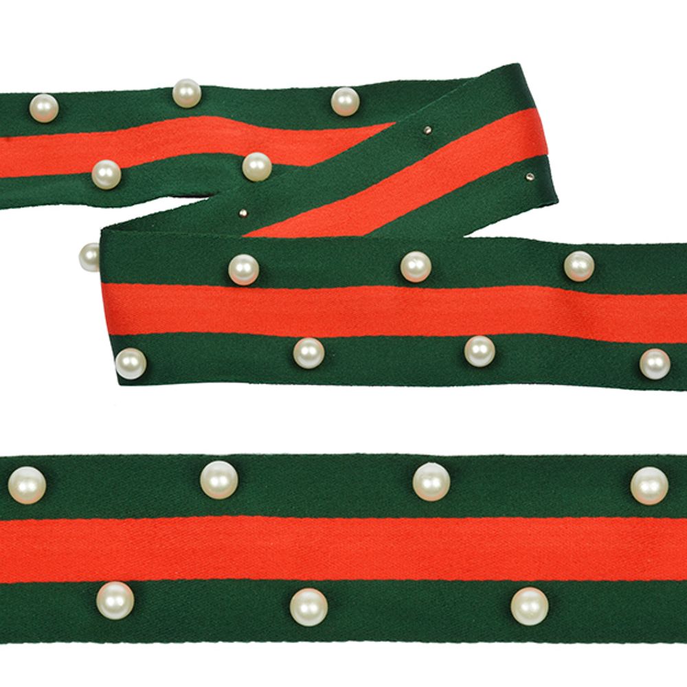 Тесьма-стропа TY Лампас с бусинами 40 мм, зеленый/красный, уп.13.71м