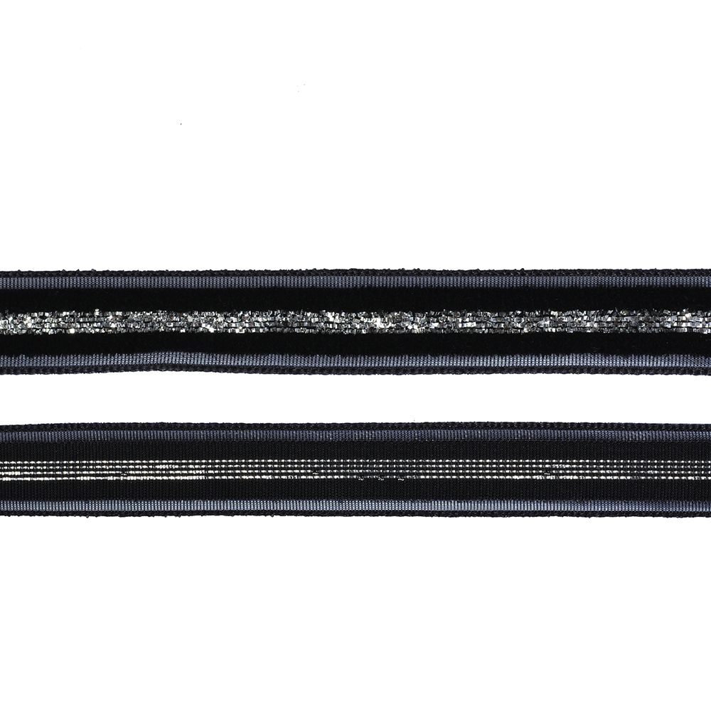Лента бархатная 10 мм, нейлон, черный-серебро, уп. 30 м, M10010