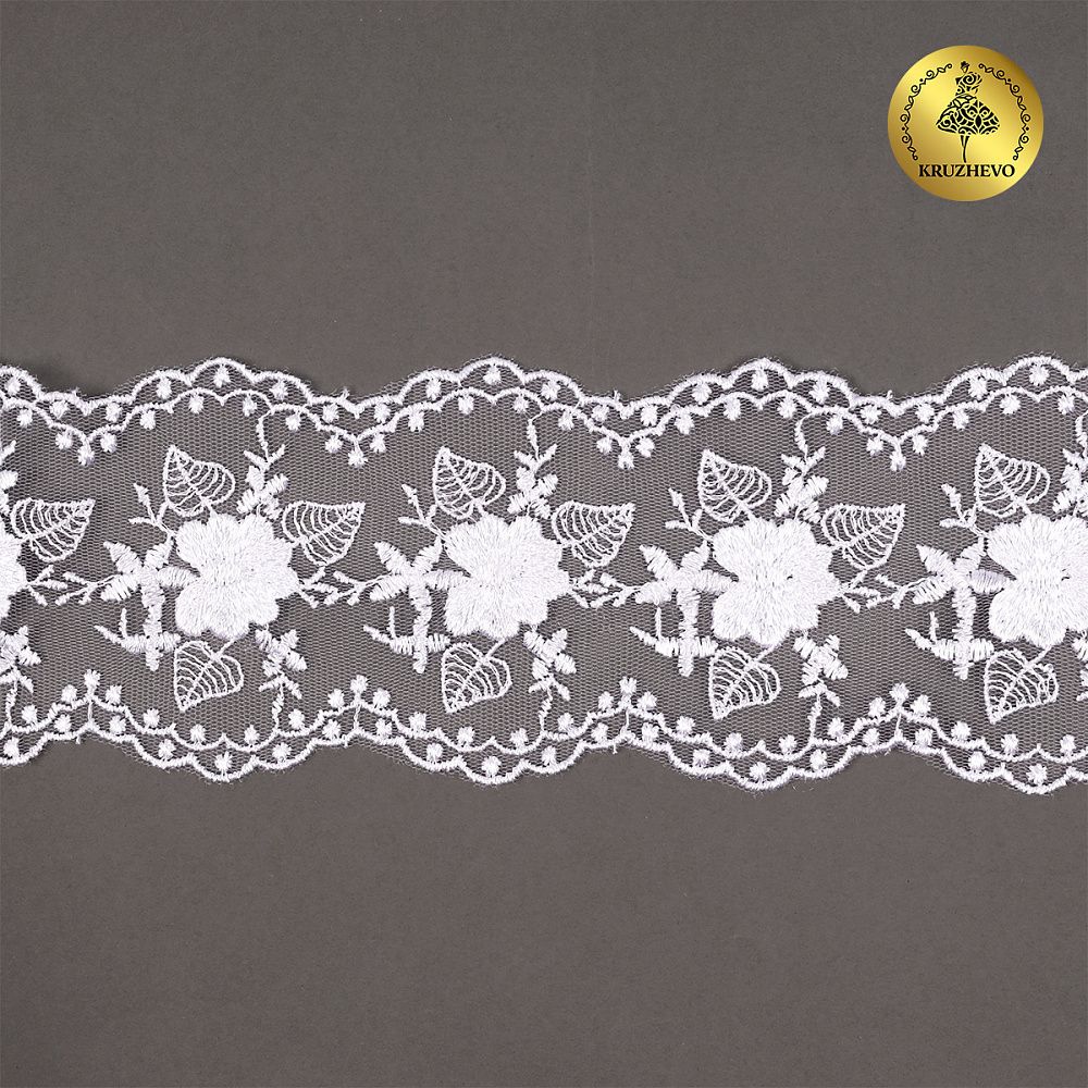 Кружево на сетке 90 мм, цв.01 белый, уп.13.7м