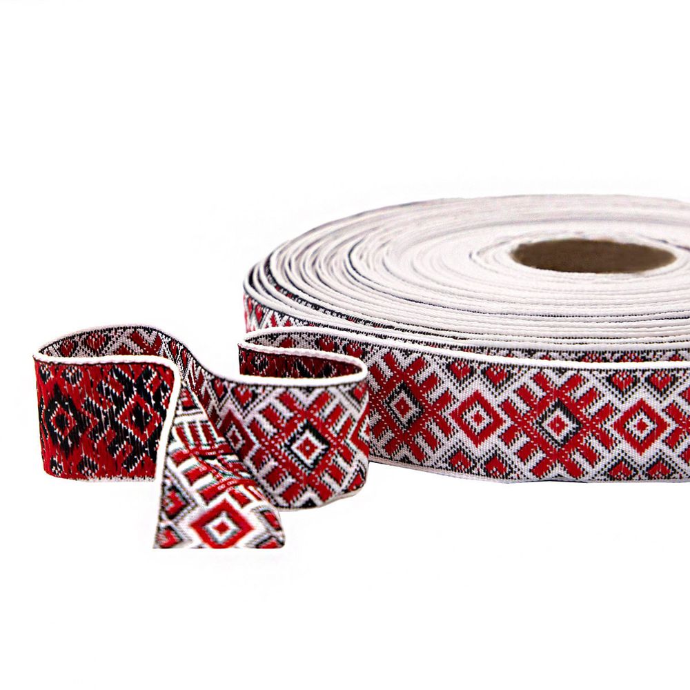 Лента (тесьма) жаккардовая 24.0 мм / 25±1 метров, рис. 9474, С1852Г17 (С3772Г17) белый/красный