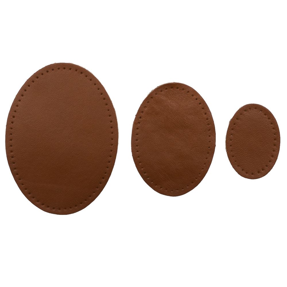 Набор заплаток пришивных из кожи, овал 4х5,5см, 6х8,2см, 8х10,9см, с перфорацией, 3 шт (02 светло-коричневый), 9404